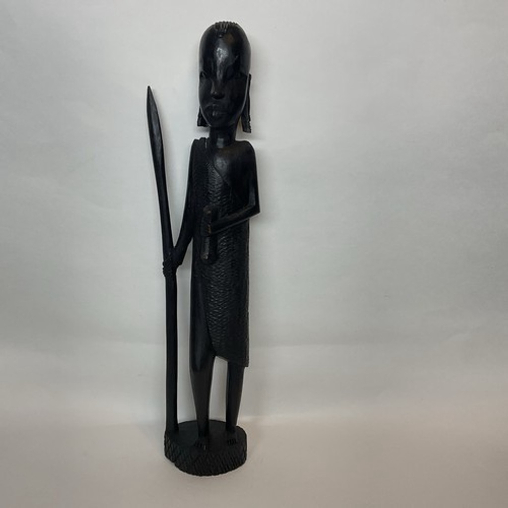 Hand Carved Wood Sculpture Hunter Tribal Figure Kenyan Besmo 14.5”